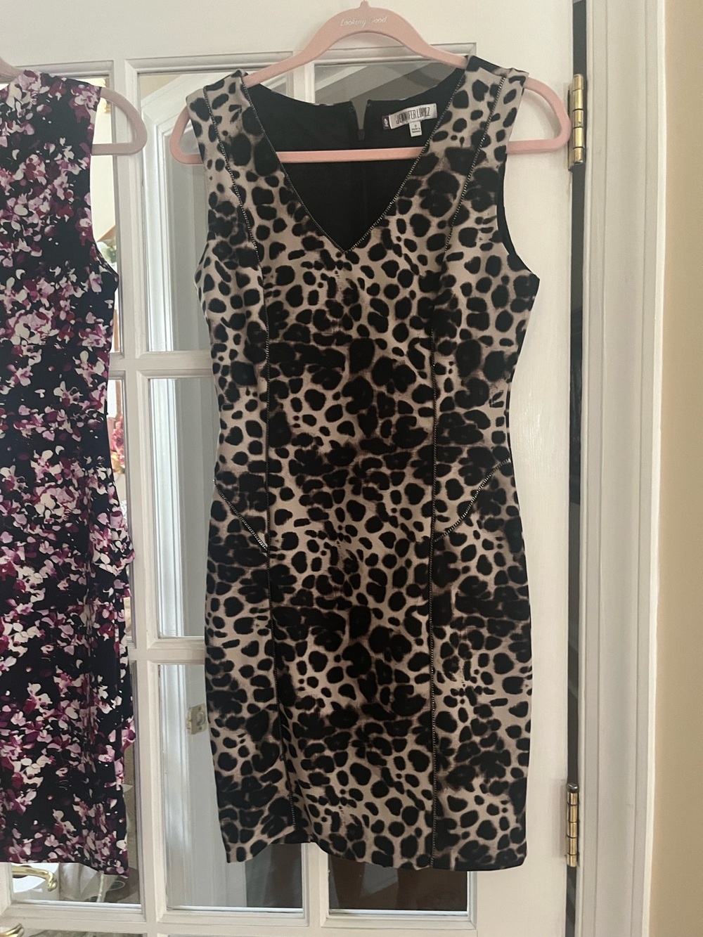 Jennifer Lopez Leopard Print V-Neck Dress in Black and Beige